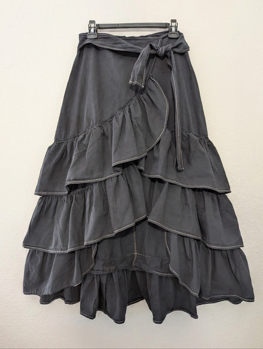 Washed Black Charcoal Tiered Ruffle Wrap Boho Whimsigoth Skirt Size 8